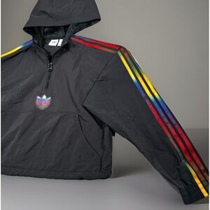 Adidas Originals Cropped‎ Half Zip Jacket Women L Black Colorful 3 Stripe-EUC